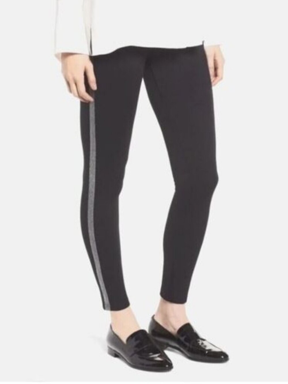 TRÏBE SOLID Black Leggings With Silver Tuxedo Stripe Size Small NWT